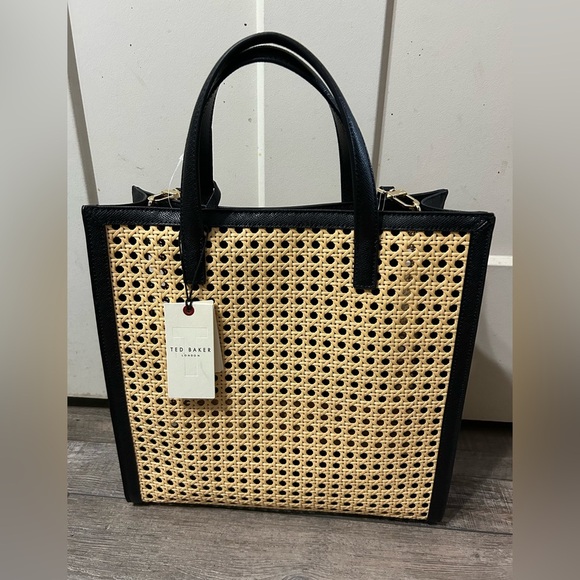 Ted Baker London Flo June Wicker Tote Bag Rattan Black Leather Crossbody - Picture 2 of 9